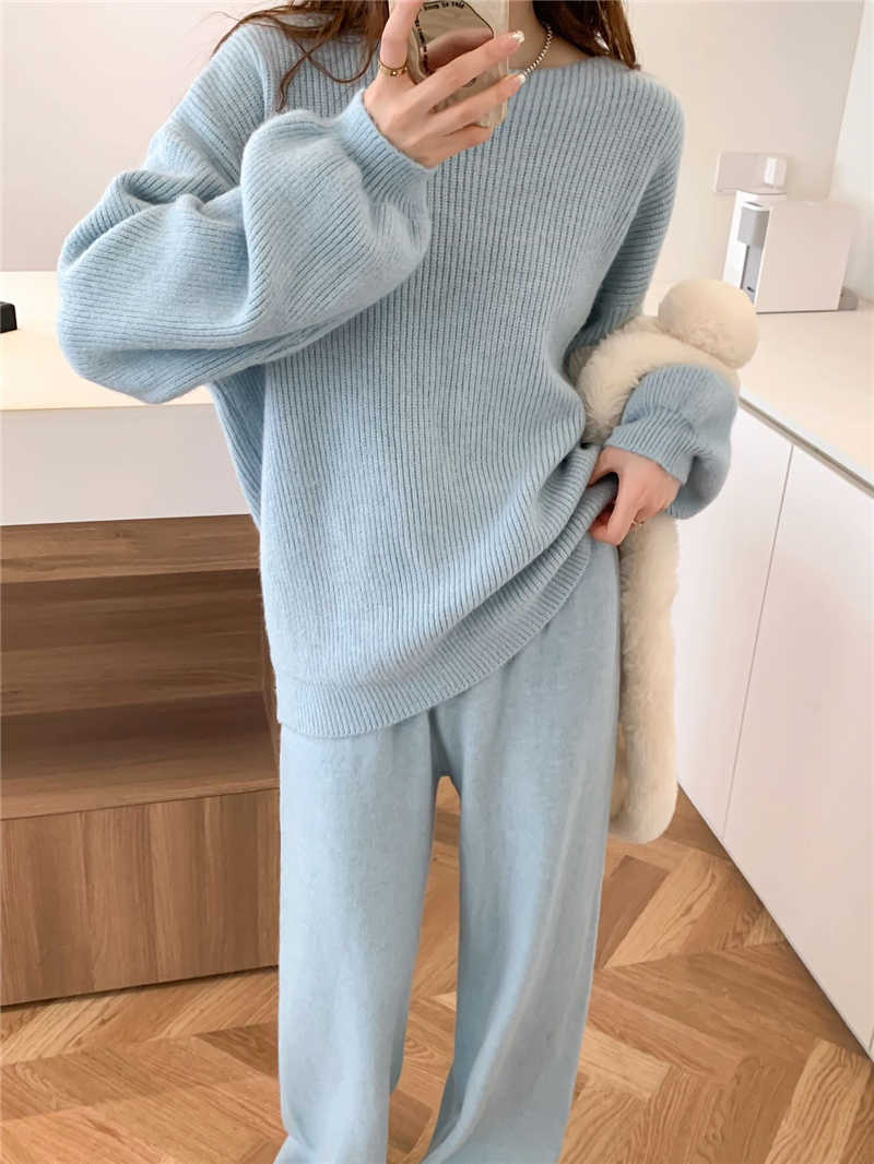 パンツセットアップ 上品ニットトップス×ワイドパンツセット