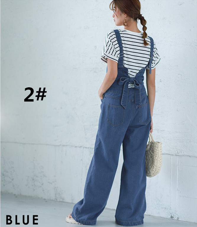 パンツセットアップ 春新作 バックリボン ワイドパンツ デニム サロペット