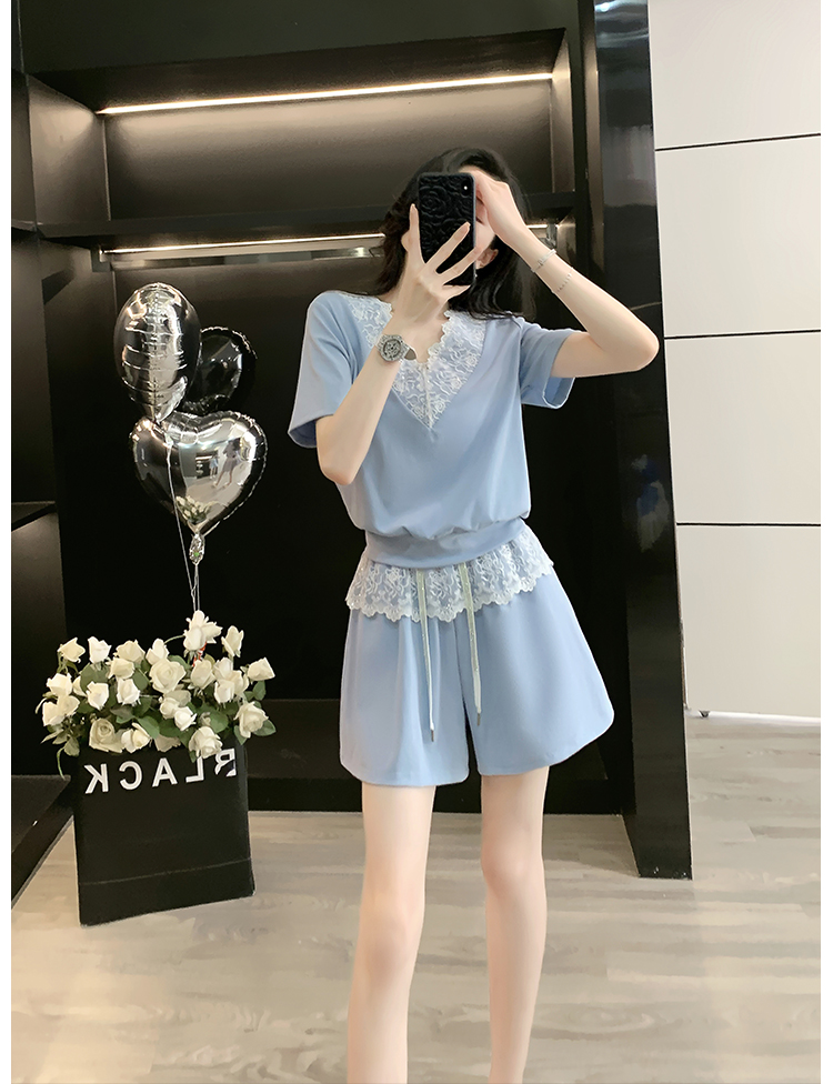 パンツセットアップ レース装飾 上品ショートセットアップ