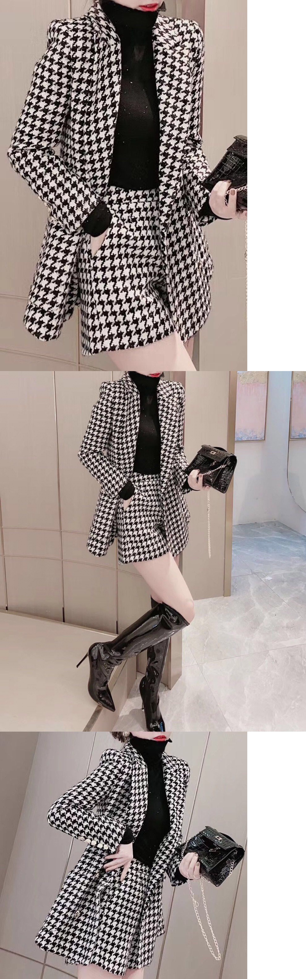 パンツセットアップ 千鳥格子ジャケットショートパンツセット