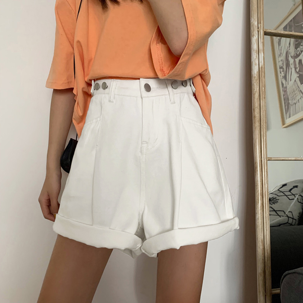 パンツセットアップ ハイウエストデニムショートパンツ美脚効果付き
