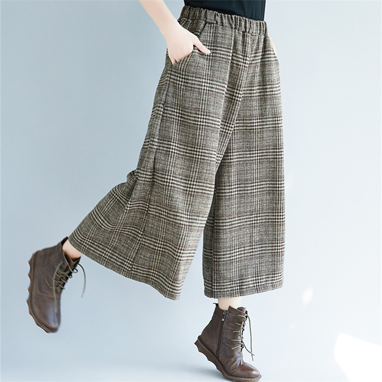 パンツセットアップ 秋冬新作 格子柄 ワイド キュロット ゆったり 七分丈