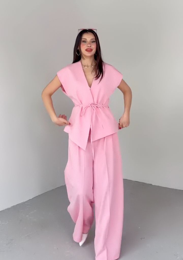 パンツセットアップ 優美リボン結びワイドパンツセット
