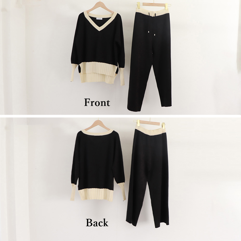 パンツセットアップ 配色ニットセットアップ ワイドパンツ レディース 秋冬