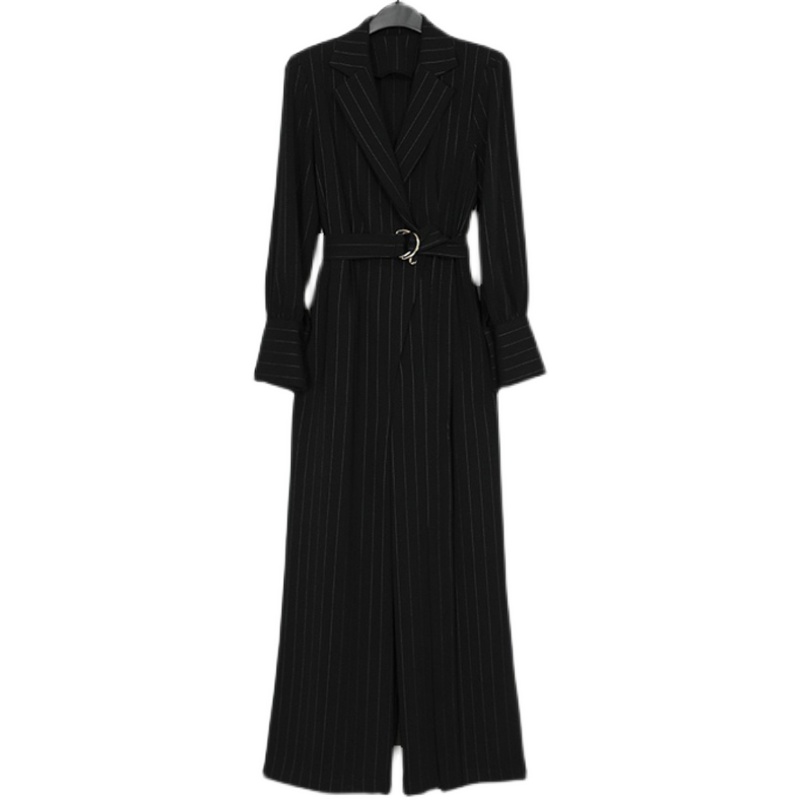 パンツセットアップ 上品ピンストライプ柄ベルト付きテーラードジャケット