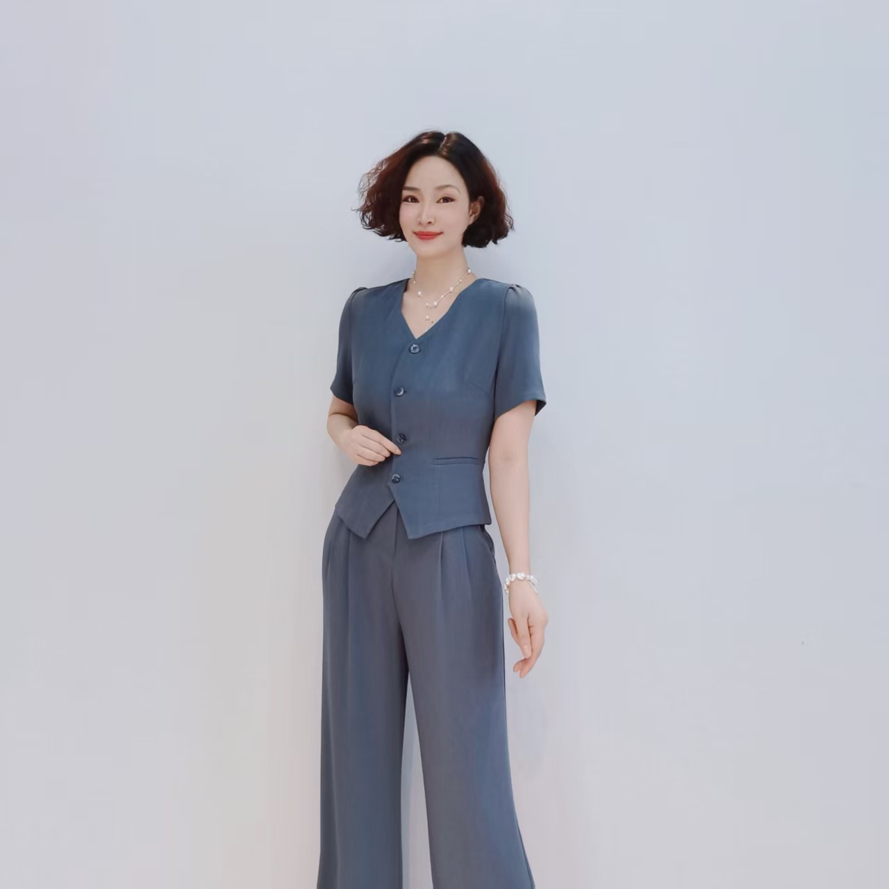 パンツセットアップ 上品半袖ベストワイドパンツセット