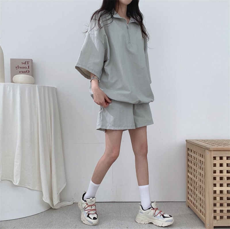 パンツセットアップ 無地ゆるジップトップス×ショートパンツ二点セット