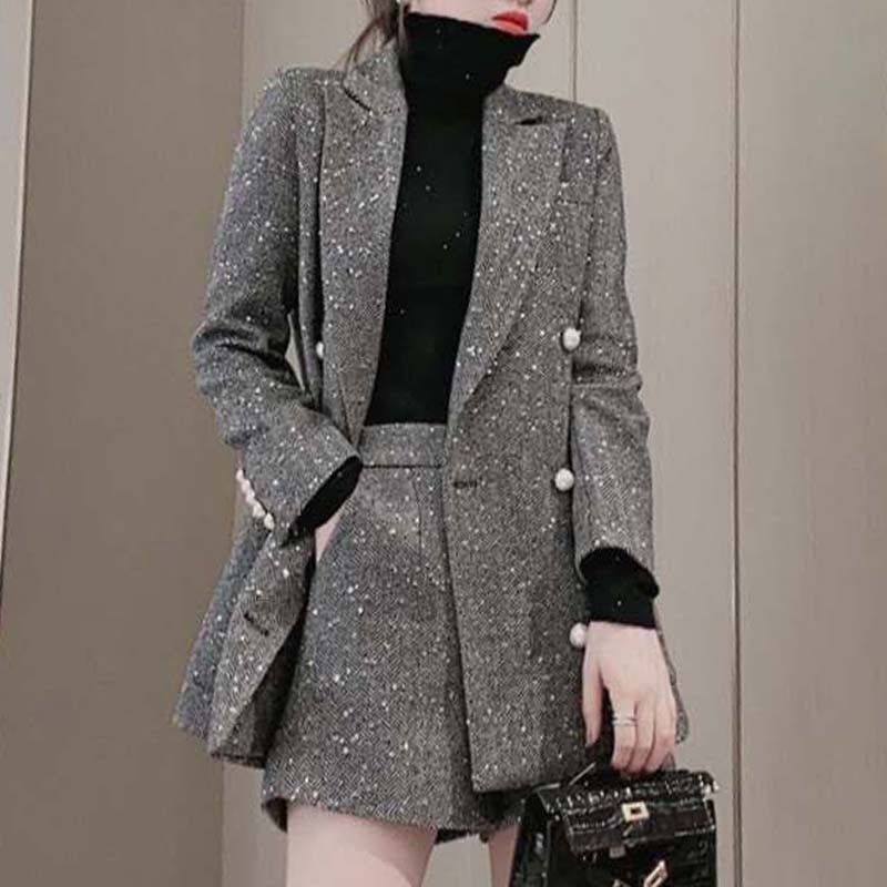 パンツセットアップ ラメツイード素材華やかジャケットショートパンツ二点組