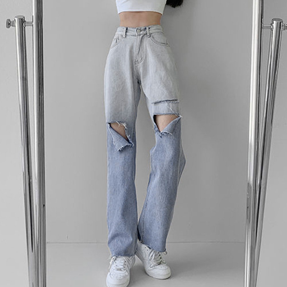 パンツセットアップ ハイウエストダメージワイドデニムパンツ