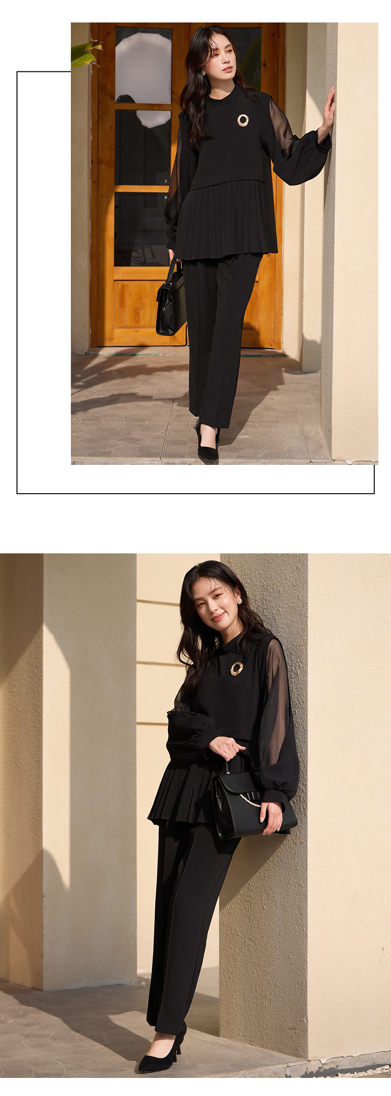 パンツセットアップ 透け感シフォン プリーツ切替セットアップ