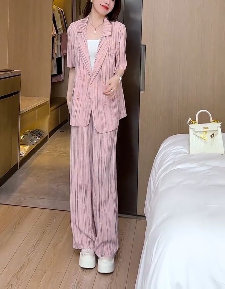 パンツセットアップ ワイド 優雅な半袖ストライプワイドパンツセット