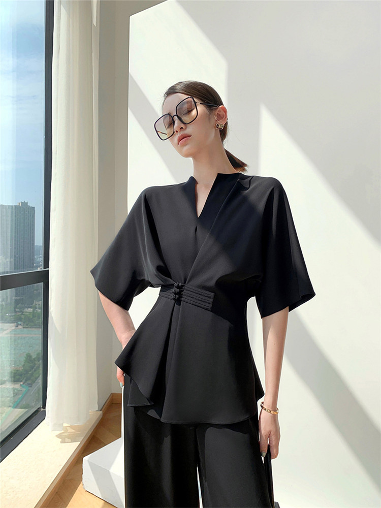 ブイネック二点セット レディース ワイドパンツセットアップ