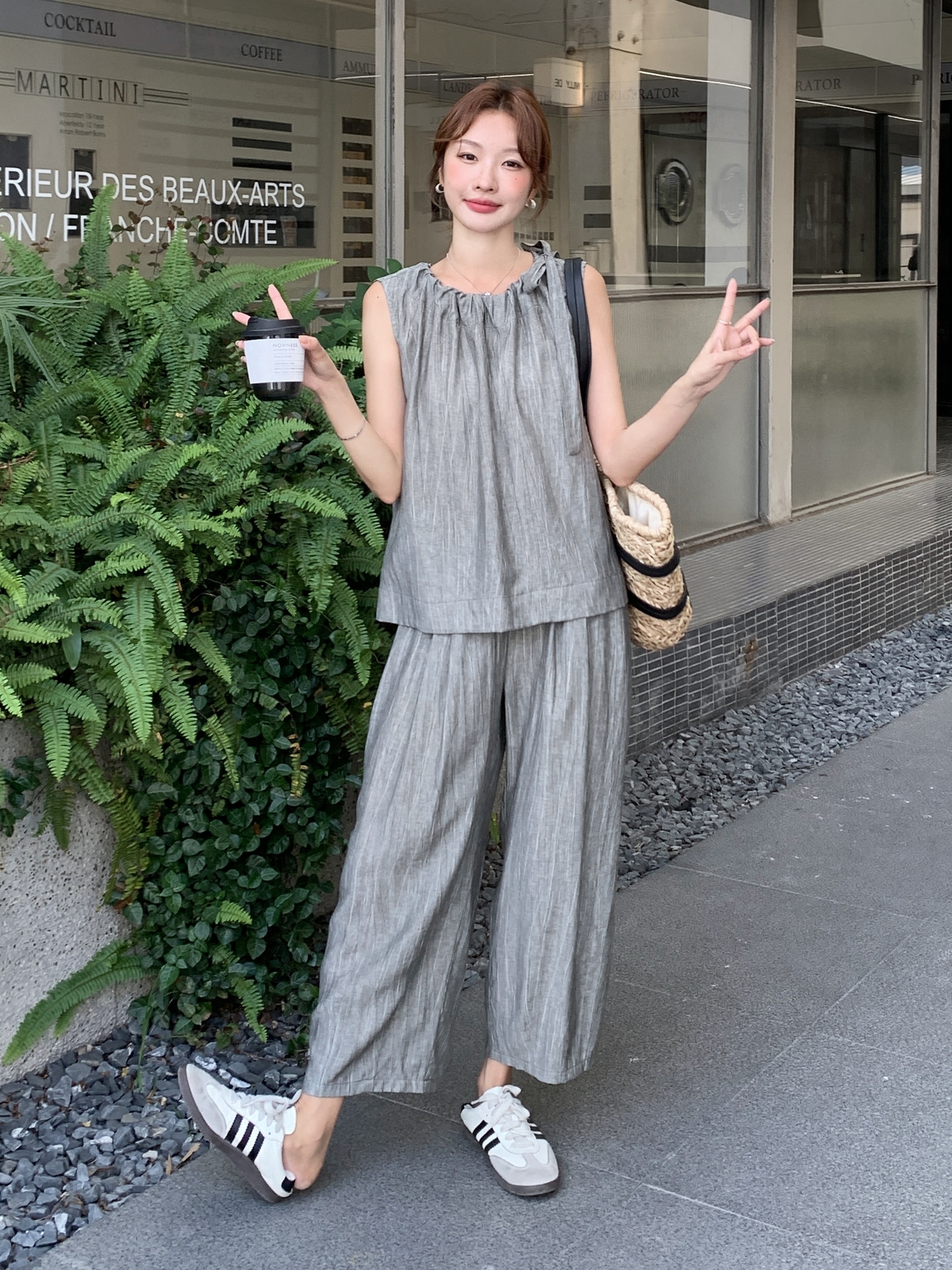 パンツセットアップ シャーリング襟 ゆったりパンツセット