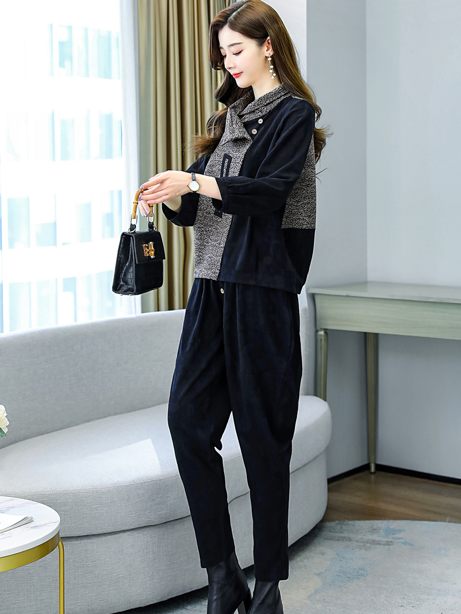 パンツセットアップ 異素材切替えツイード風デザインジャケット&パンツセットアップ