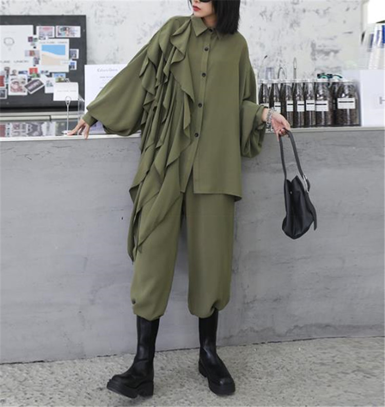 パンツセットアップ 上品復古風長袖ブラウスワイドパンツ女性用2点組