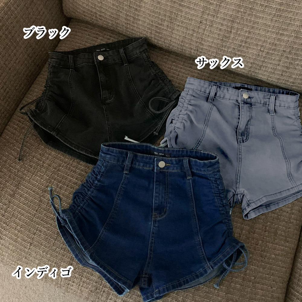 パンツセットアップ サイド紐調整 美脚デニムショートパンツ 夏