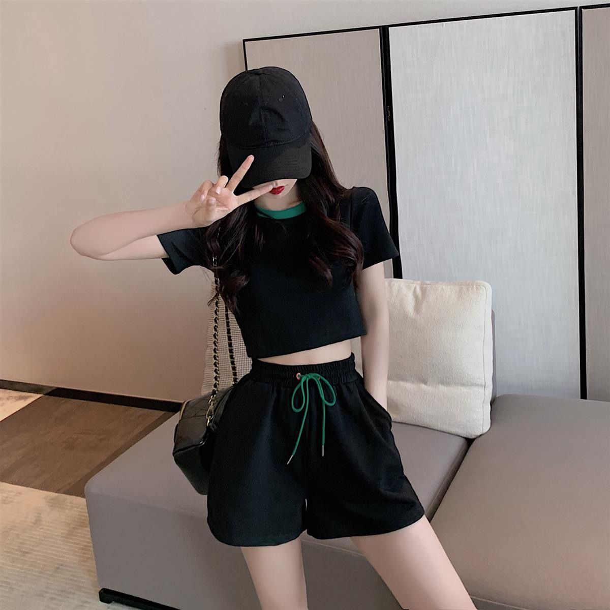 パンツセットアップ ウエストリボン ショート丈セットアップ