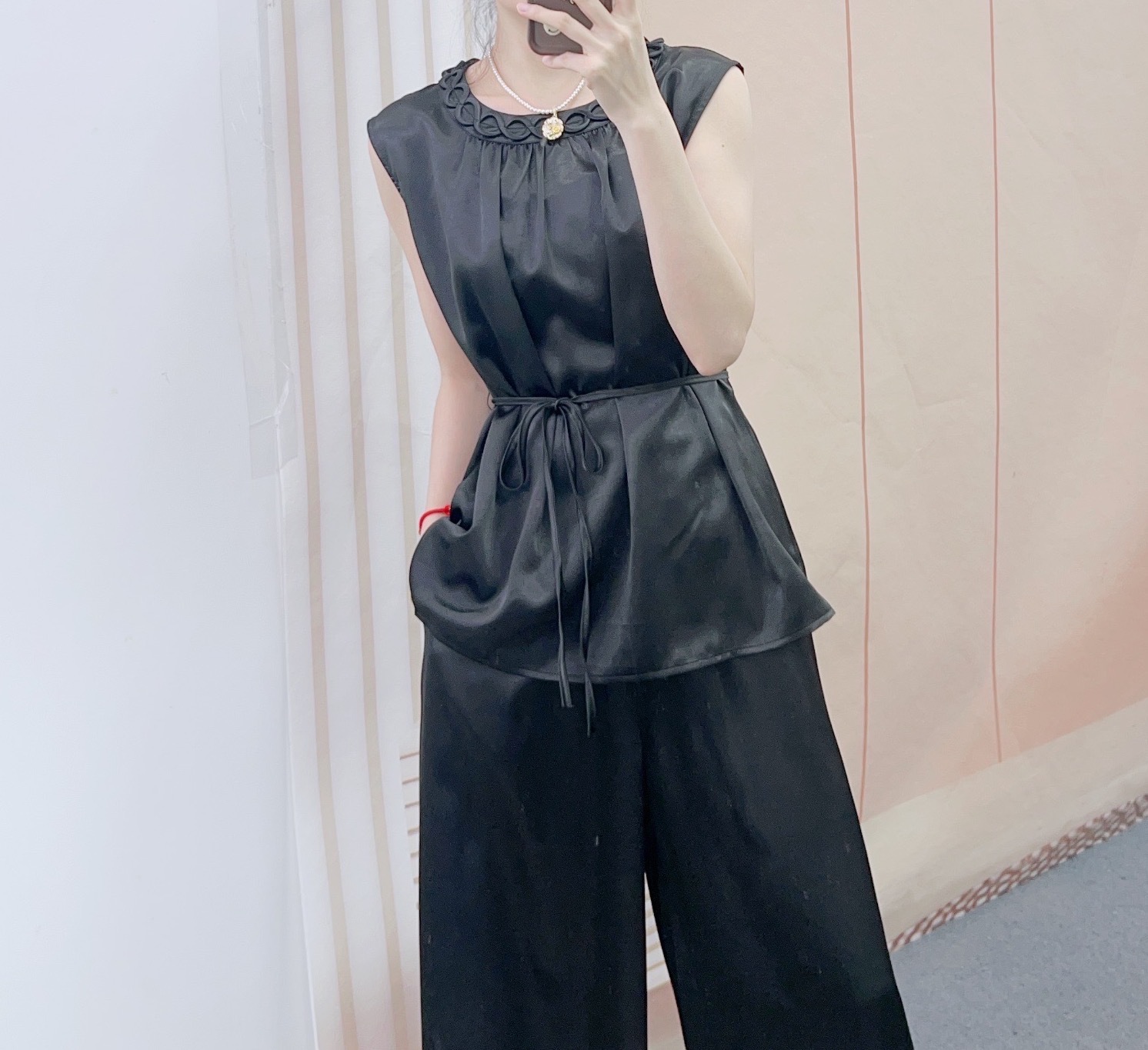 パンツセットアップ 絹風リングネックワイドセットアップ
