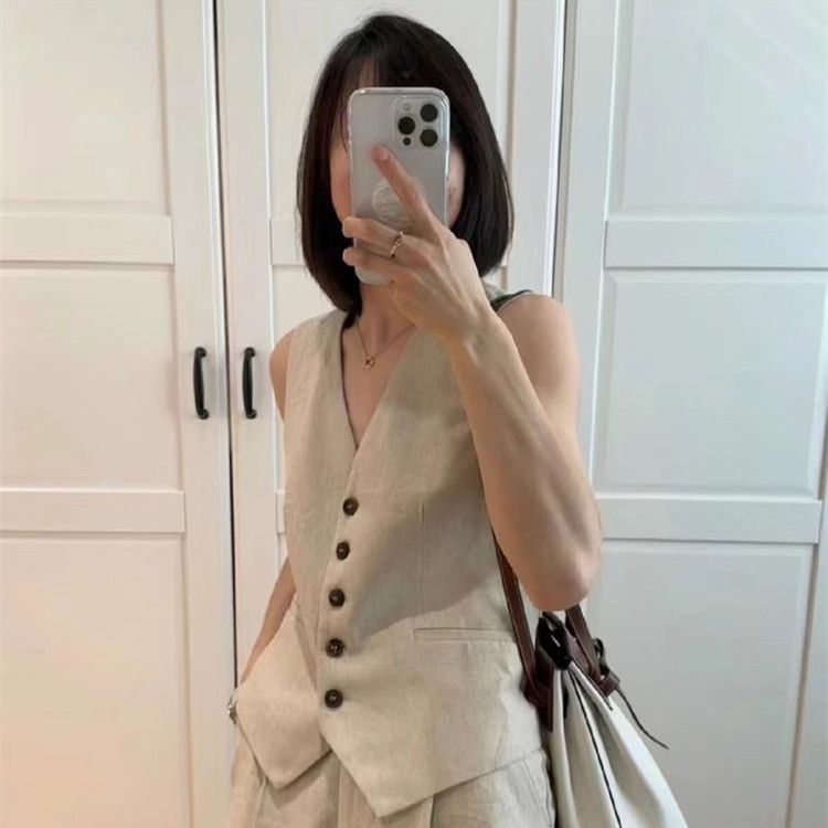 パンツセットアップ 麻混ノースリーブベスト＆ショート丈パンツ