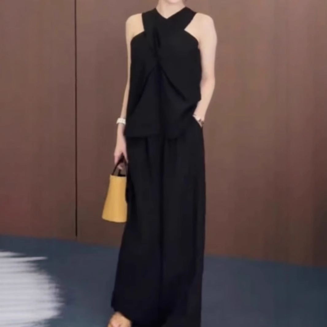 パンツセットアップ クロスネックワイドパンツセット