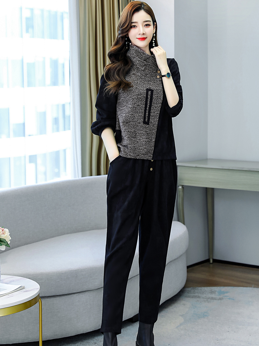 パンツセットアップ 異素材切替えツイード風デザインジャケット&パンツセットアップ