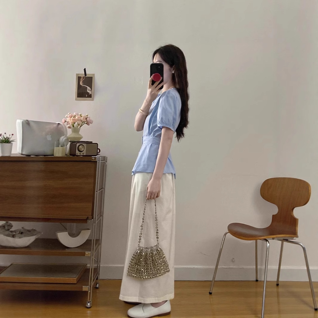 パンツセットアップ ベルト付きペプラムブラウスとワイドパンツセット