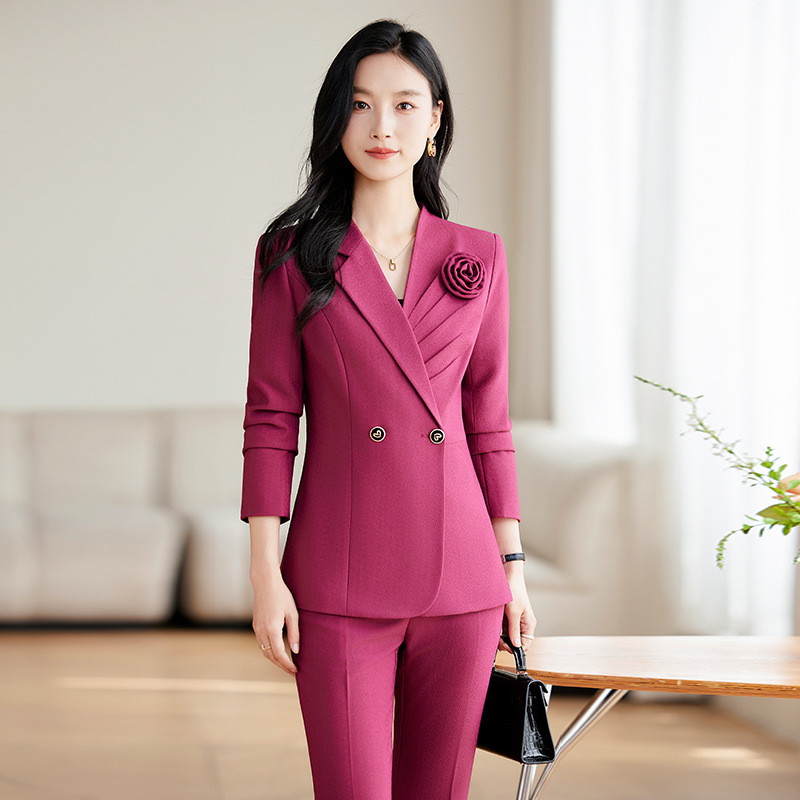 パンツセットアップ フラワーコサージュ付きダブルテーラードジャケットパンツセットアップ