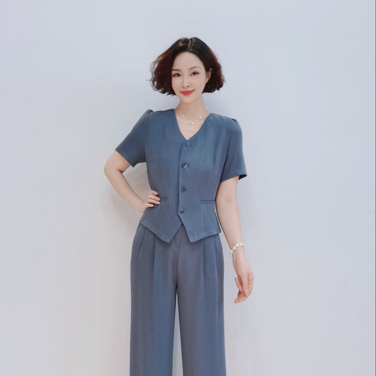 パンツセットアップ 上品半袖ベストワイドパンツセット