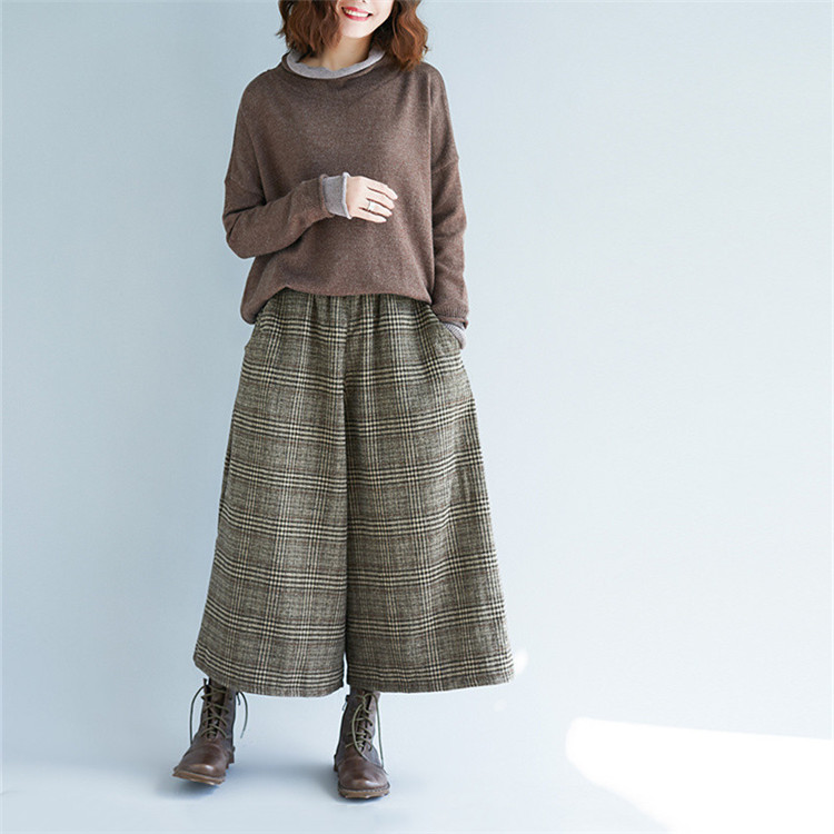 パンツセットアップ 秋冬新作 格子柄 ワイド キュロット ゆったり 七分丈