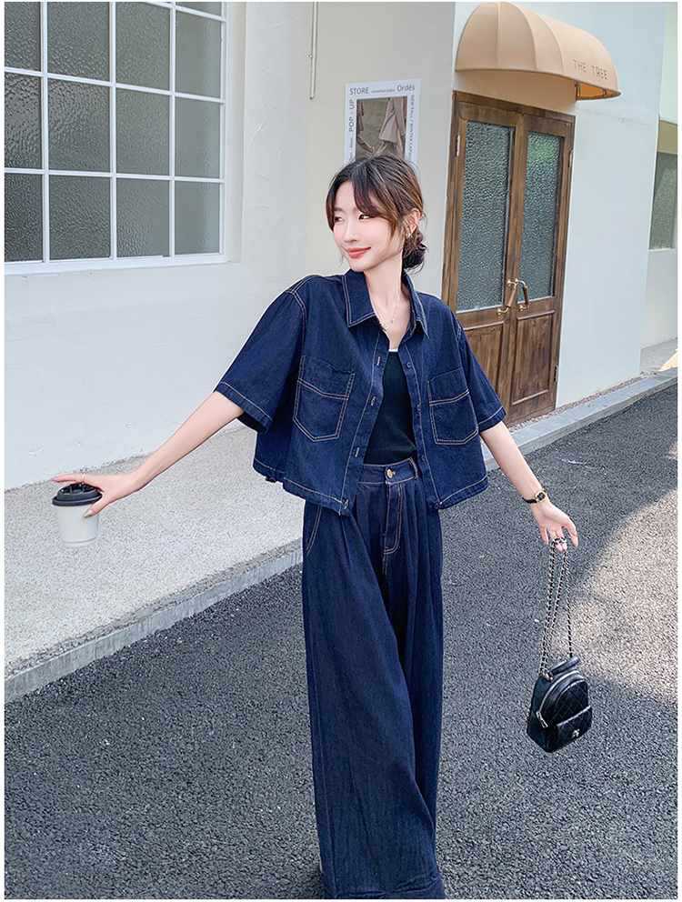 パンツセットアップ 半袖デニムワイドパンツセットアップ