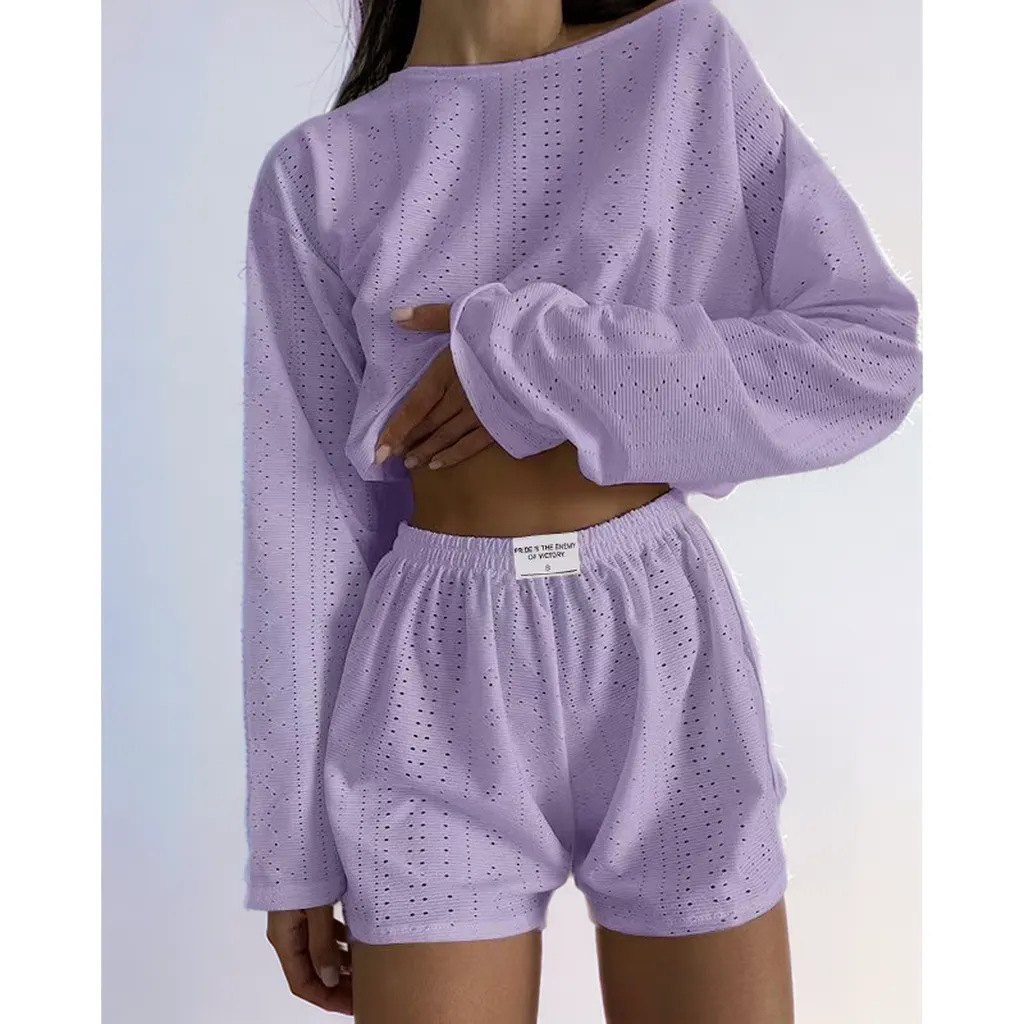 パンツセットアップ 透かし編みニット上下セットショートパンツルームウェア