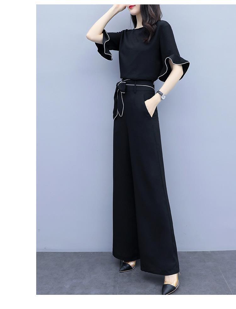 パンツセットアップ フリル袖リボンベルト付ワイドパンツセット