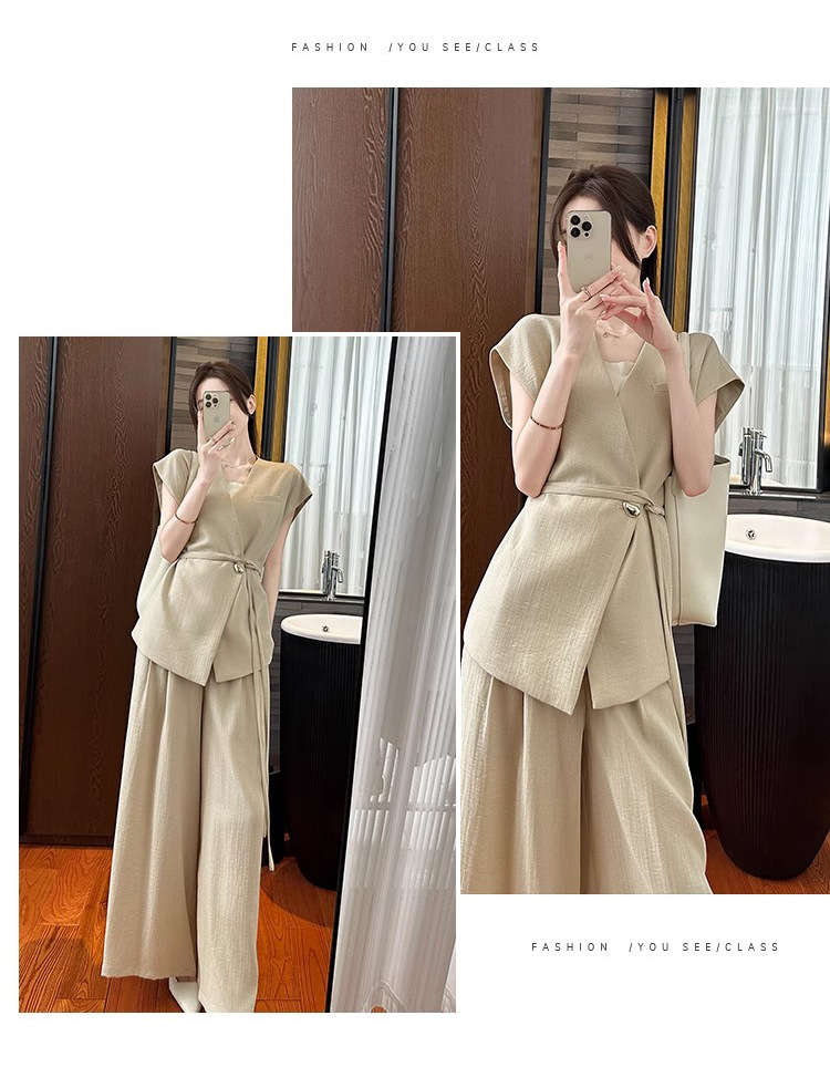 パンツセットアップ リネン風ワイドベストパンツセット