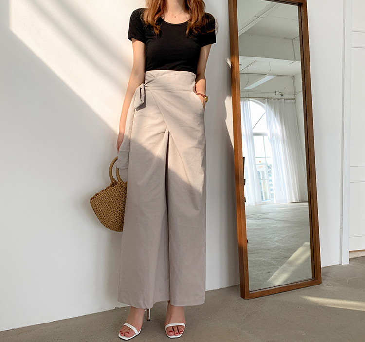 パンツセットアップ 大人可愛いリネン混ラップワイドパンツ ウエストリボン付き