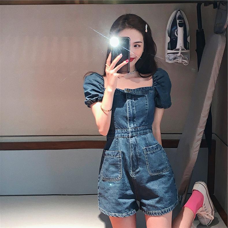 パンツセットアップ パフスリーブデニムオールインワン