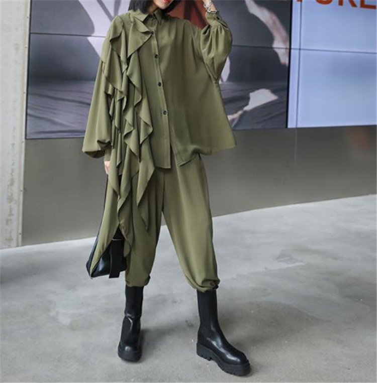 パンツセットアップ 上品復古風長袖ブラウスワイドパンツ女性用2点組