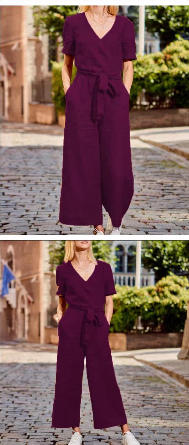 パンツセットアップ カシュクール半袖トップスとワイドパンツセットアップ