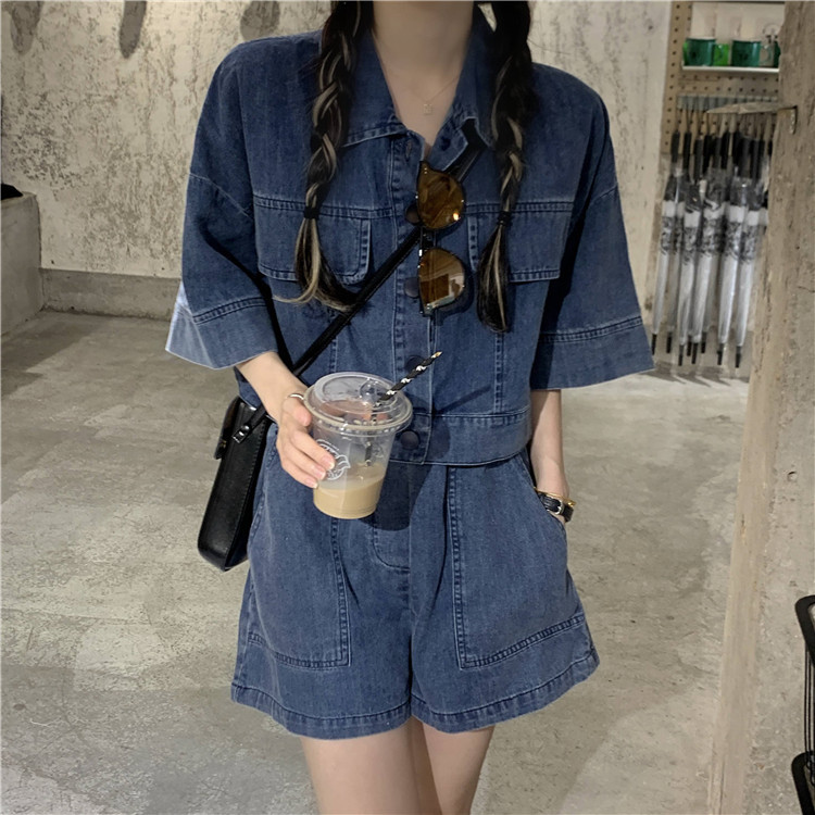 パンツセットアップ デニム風ゆったりショートパンツセット