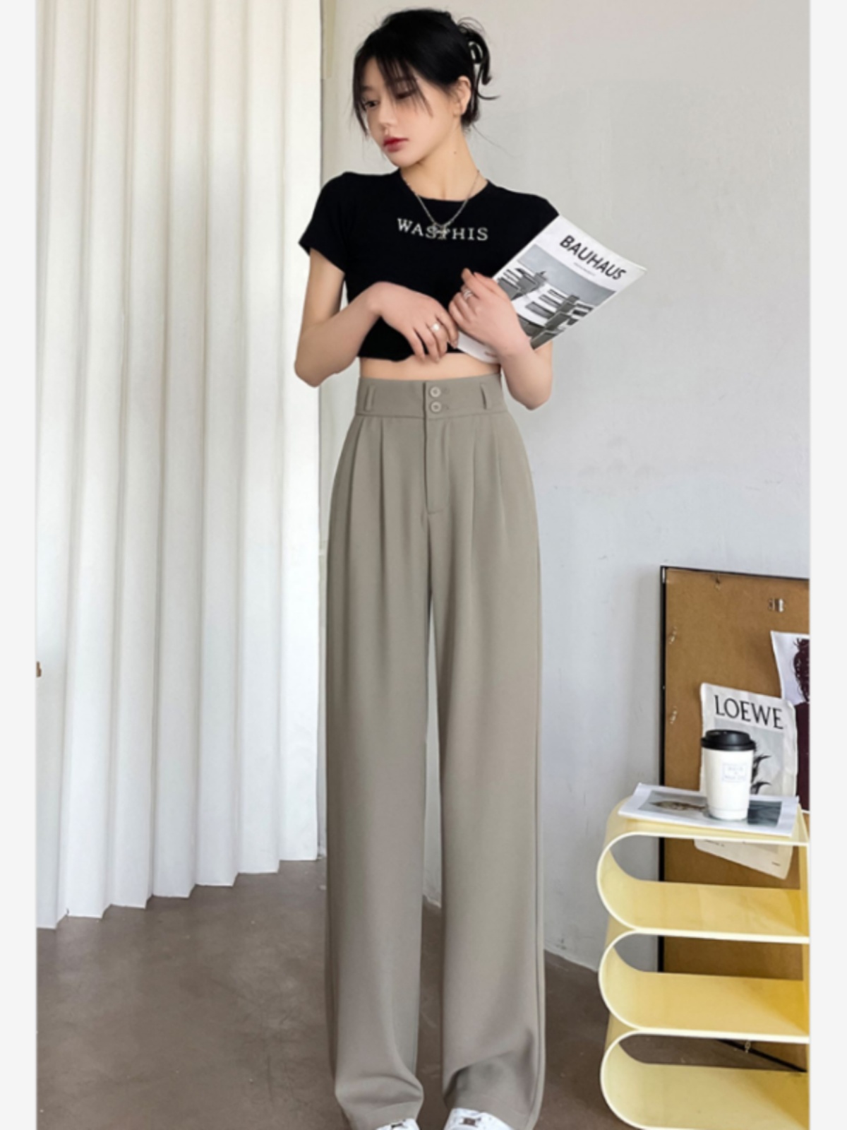 パンツセットアップ ハイウエストタックワイドパンツ