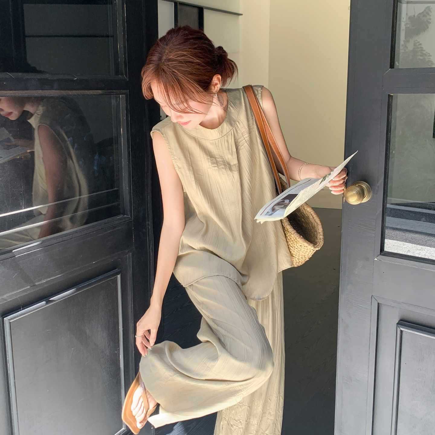 パンツセットアップ リネン風ノースリーブワイドパンツセット