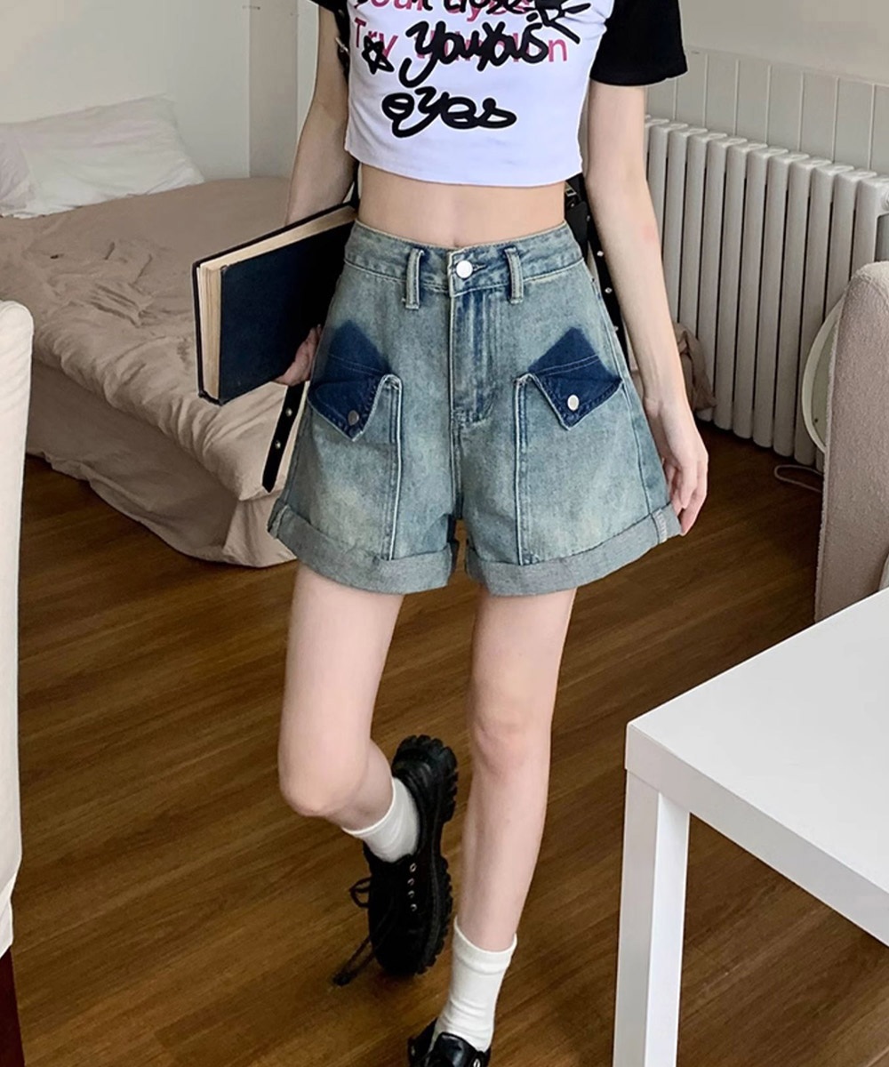 パンツセットアップ 裾ロールアップ デニムショート パンツ 美脚