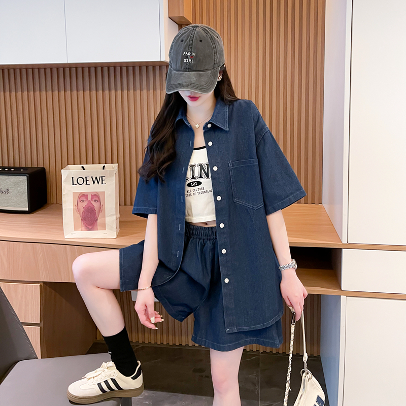 パンツセットアップ ショート ゆったりデニムシャツ＆ショートパンツセット