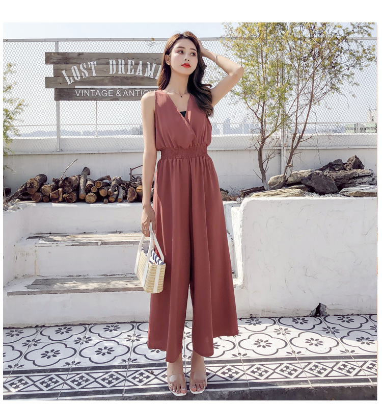 パンツセットアップ 上品ワイドパンツサロペット背中リボンブイネック