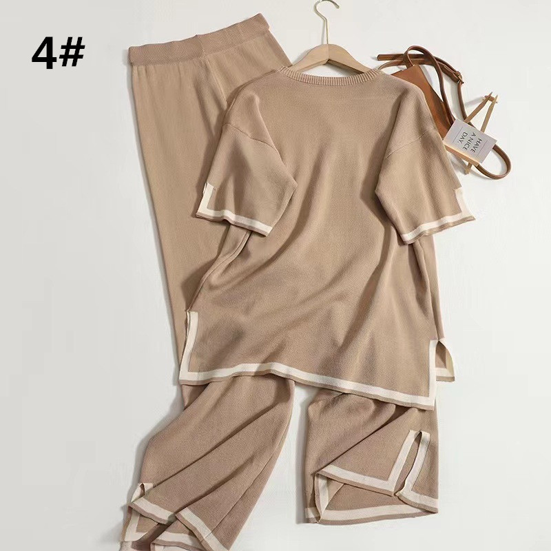 パンツセットアップ ニットセットアップ丸首トップスワイドパンツ上下セット