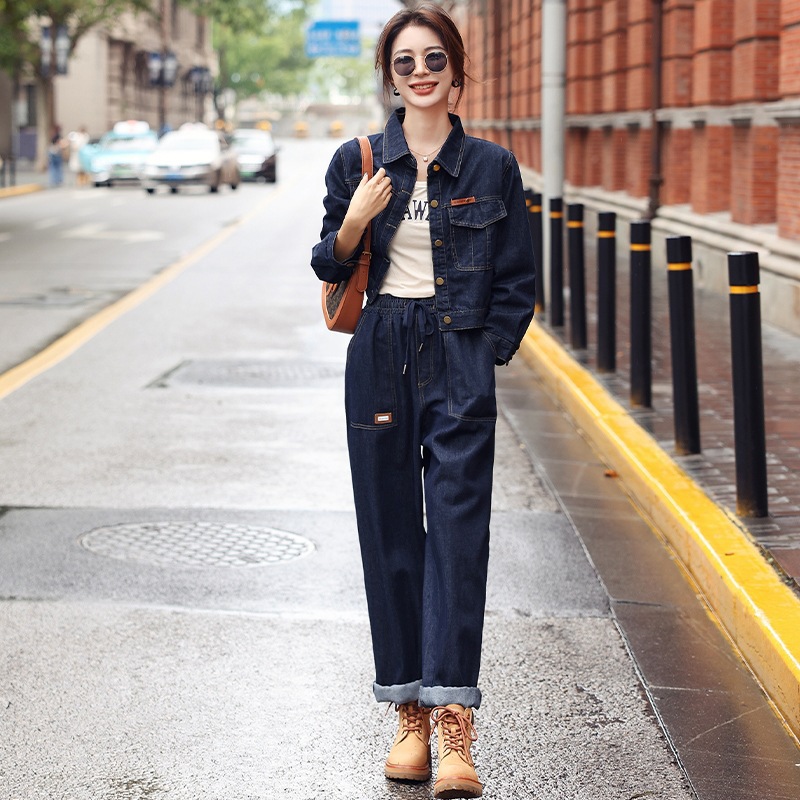 パンツセットアップ デニム素材ショートジャケット付きワイドパンツセットアップ