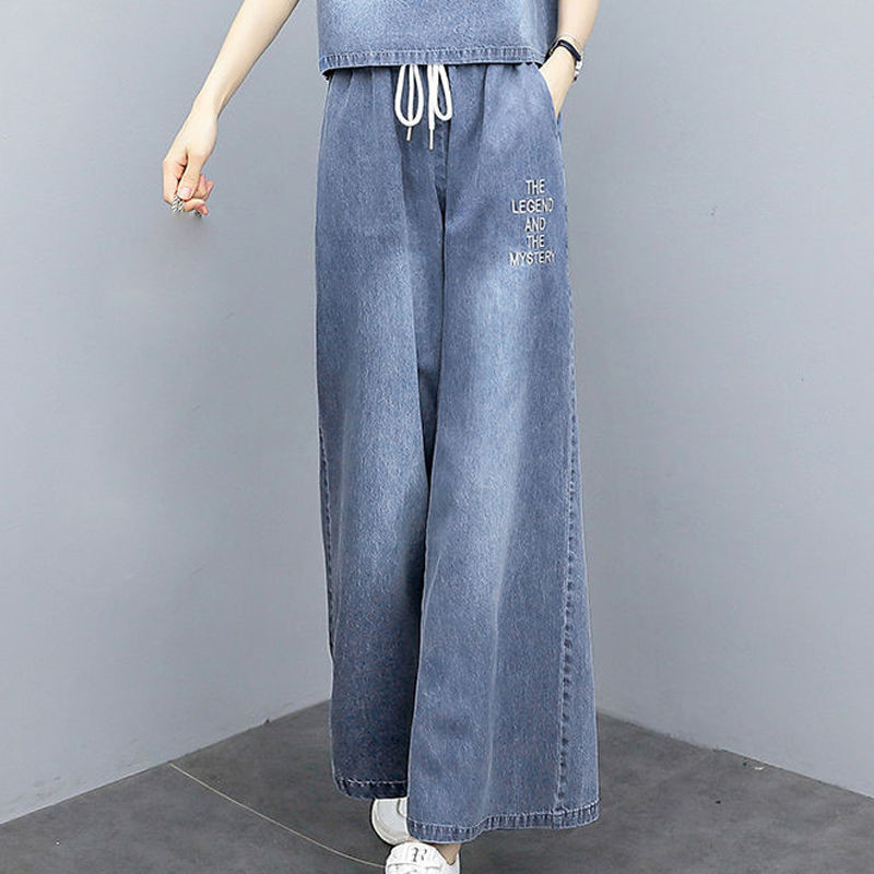 パンツセットアップ デニム風フード付きワイドパンツセット
