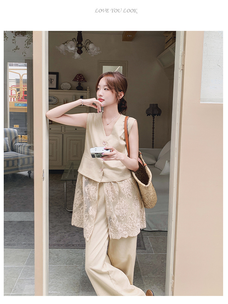 パンツセットアップ レース重ね着風ベストとワイドパンツの上品セットアップ