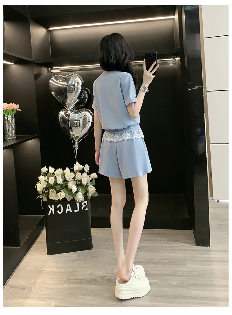 パンツセットアップ レース装飾 上品ショートセットアップ