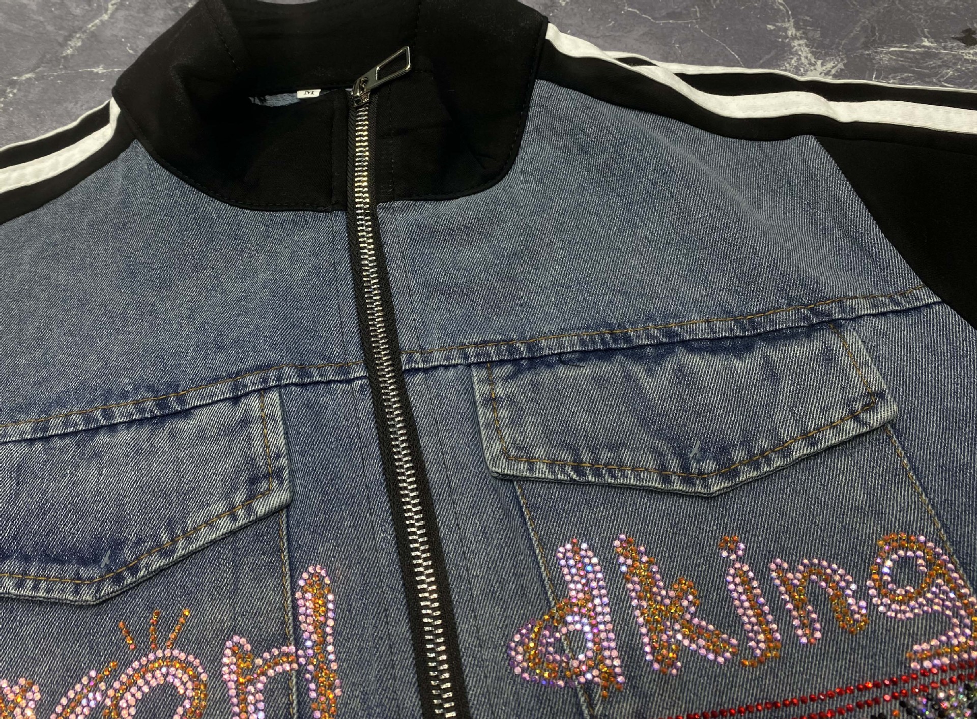 パンツセットアップ 刺繍デニム切替ベスト×ワイドパンツセットアップ