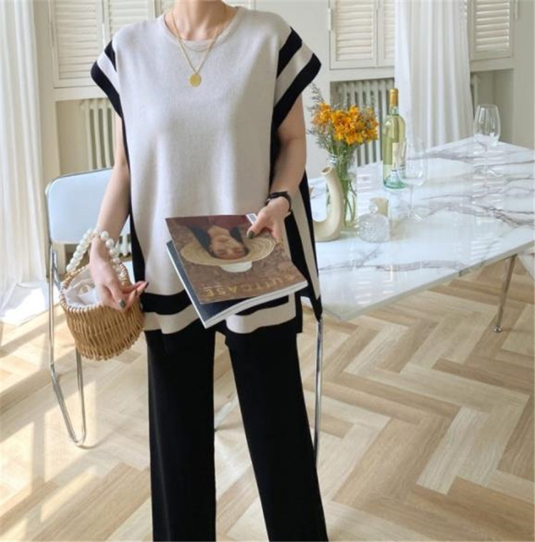 パンツセットアップ 韓国風ボーダー編みニットベスト×ワイドパンツ上下セット